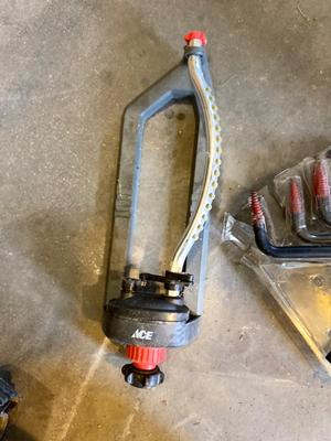 WEED EATER, FERTILIZER SPREADER, SPRINKLER & WALL HOOKS