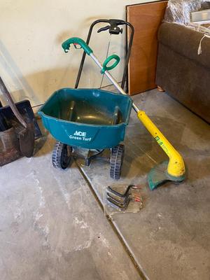 WEED EATER, FERTILIZER SPREADER, SPRINKLER & WALL HOOKS