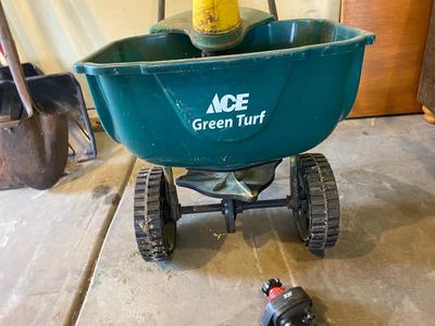 WEED EATER, FERTILIZER SPREADER, SPRINKLER & WALL HOOKS