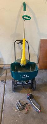 WEED EATER, FERTILIZER SPREADER, SPRINKLER & WALL HOOKS