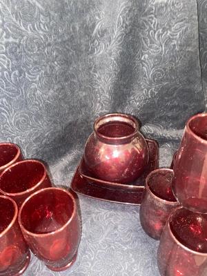 GORGEOUS RED GLASS, CHAMPAGNE GLASSES, & VINTAGE BLUE WATER BOTTLE AND VASE