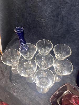 GORGEOUS RED GLASS, CHAMPAGNE GLASSES, & VINTAGE BLUE WATER BOTTLE AND VASE