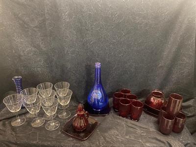 GORGEOUS RED GLASS, CHAMPAGNE GLASSES, & VINTAGE BLUE WATER BOTTLE AND VASE