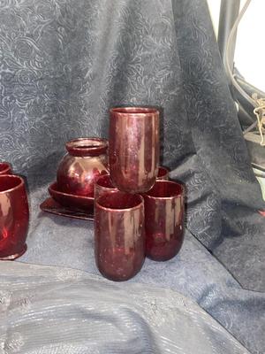 GORGEOUS RED GLASS, CHAMPAGNE GLASSES, & VINTAGE BLUE WATER BOTTLE AND VASE