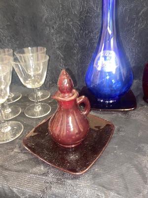 GORGEOUS RED GLASS, CHAMPAGNE GLASSES, & VINTAGE BLUE WATER BOTTLE AND VASE