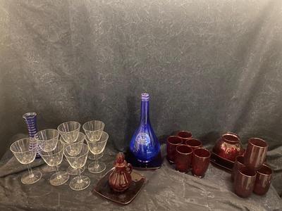 GORGEOUS RED GLASS, CHAMPAGNE GLASSES, & VINTAGE BLUE WATER BOTTLE AND VASE