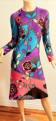 Vtg 60-70s French TRICOSA Printed dress purple/pink