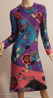 Vtg 60-70s French TRICOSA Printed dress purple/pink