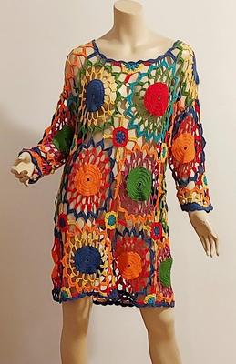 Vtg 1980s Hand Crochet Mini or long Tunic dress