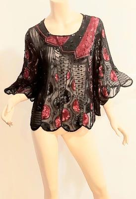 Vtg 80s Embellished Silk Chiffon Large Tunic