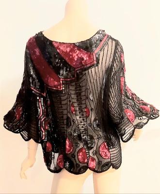 Vtg 80s Embellished Silk Chiffon Large Tunic