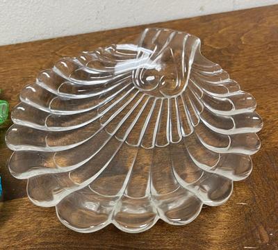 Sale Photo Thumbnail #710: The blue perfume bottle looks like it’s missing a cap or top piece. Otherwise everything is in good condition. The shell shaped dish is glass.