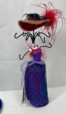 Women Shaped Jewelry Tree Purple Gown with Red Boa and Red Feathered Hat