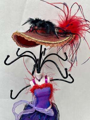 Women Shaped Jewelry Tree Purple Gown with Red Boa and Red Feathered Hat