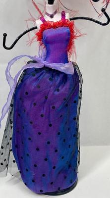 Women Shaped Jewelry Tree Purple Gown with Red Boa and Red Feathered Hat