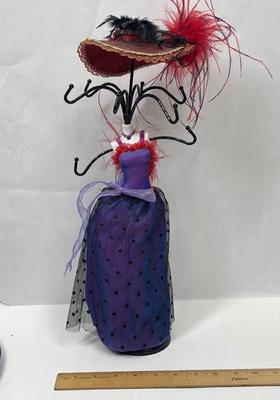 Women Shaped Jewelry Tree Purple Gown with Red Boa and Red Feathered Hat
