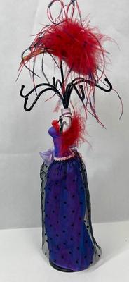 Women Shaped Jewelry Tree Purple Gown with Red Boa and Red Feathered Hat