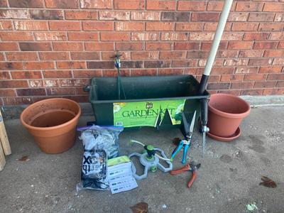 NEAT LITTLE GARDEN KIT PLANTER BOX WITH COVER, PLANTERS, YARD HAND TOOLS, SPRINKLER AND MORE!