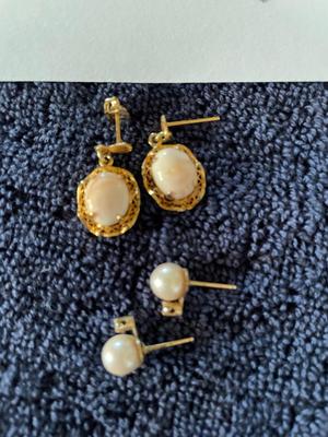 14K GOLD PEARL EARRINGS AND GOLD FILLED EARRINGS WITH IVORY COLORED STONE