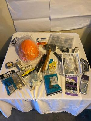 MISC HOUSEHOLD HARDWARE AND AN ORANGE HARD HAT TOO!