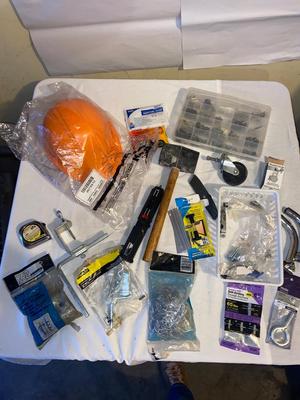 MISC HOUSEHOLD HARDWARE AND AN ORANGE HARD HAT TOO!