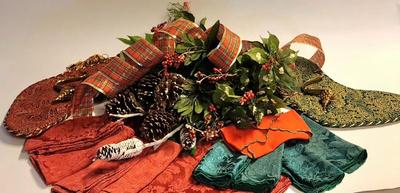 Sale Photo Thumbnail #870: Lot includes: Four Red Christmas Place Mats, Four Green Christmas Napkins & Holly and Glitter Pine Cones Christmas Decorations