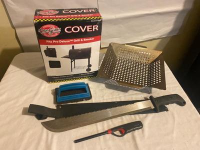 MACHETE, GRILL COVER, COOKING RACK, SCRUBBER & LIGHTER