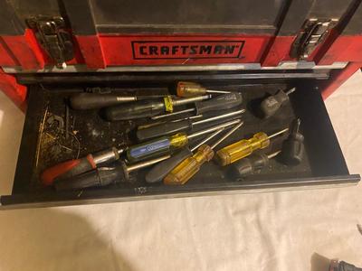 CRAFTSMAN TOOL BOX WITH A VARIETY OF TOOLS AND MORE