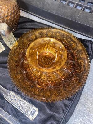 AMBER TIARA GLASS PLATTERS & VASE, GLASS SERVING UTENSILS & MORE