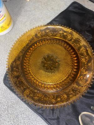 AMBER TIARA GLASS PLATTERS & VASE, GLASS SERVING UTENSILS & MORE