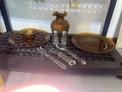 AMBER TIARA GLASS PLATTERS & VASE, GLASS SERVING UTENSILS & MORE