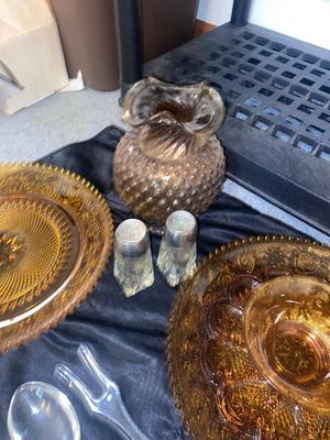 AMBER TIARA GLASS PLATTERS & VASE, GLASS SERVING UTENSILS & MORE