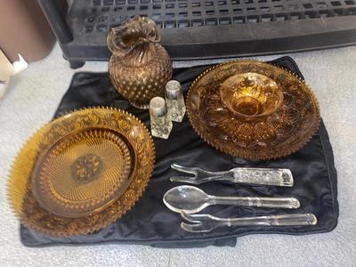 AMBER TIARA GLASS PLATTERS & VASE, GLASS SERVING UTENSILS & MORE