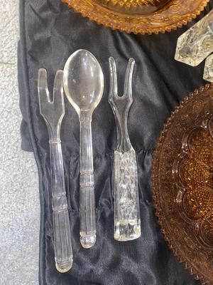 AMBER TIARA GLASS PLATTERS & VASE, GLASS SERVING UTENSILS & MORE