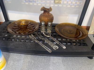 AMBER TIARA GLASS PLATTERS & VASE, GLASS SERVING UTENSILS & MORE