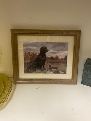 DEPRESSION GLASS PLATES, VINTAGE PAINTED DUCK GLASSES, STONE NAPKIN HOLDER AND HUNTING DOG PICTURE