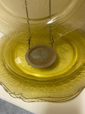 DEPRESSION GLASS PLATES, VINTAGE PAINTED DUCK GLASSES, STONE NAPKIN HOLDER AND HUNTING DOG PICTURE