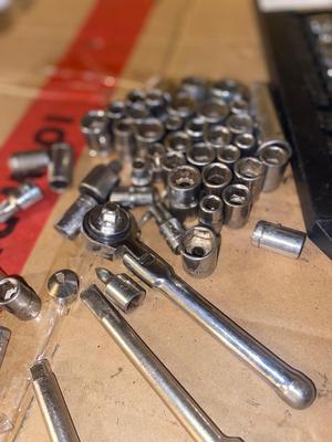 MANY 1/4” DRIVE SOCKETS & EXTENSIONS w/ RACHET