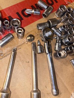 MANY 1/4” DRIVE SOCKETS & EXTENSIONS w/ RACHET