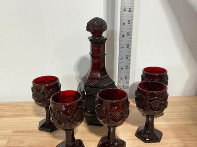 Avon Cape Cod Ruby Red Wine decanter and 5 small wine glasses