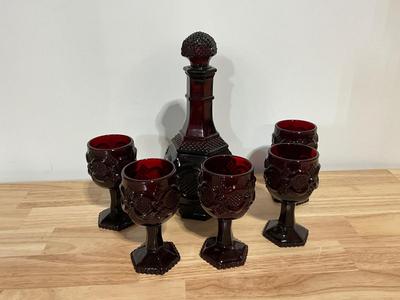 Avon Cape Cod Ruby Red Wine decanter and 5 small wine glasses