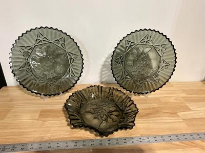2 Smoke glass platters and 1 shallow bowl