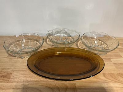 Brown platter and 3 Glass bowls