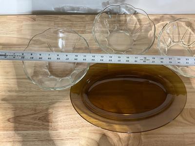Brown platter and 3 Glass bowls