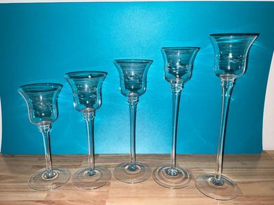 Set of 5 etched glass candle sticks