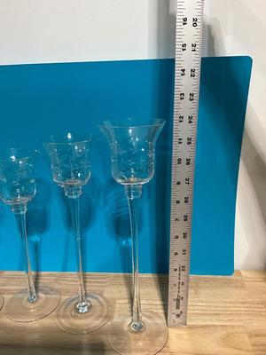 Set of 5 etched glass candle sticks