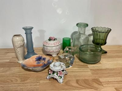 Decor Lot -Japanese painted bowl, vases, candle stick holders, green glass