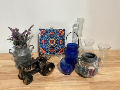 Home decor lot with tractor, blue glass