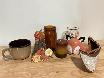 Home decor lot brown glass, fox piggy bank, birch canoe