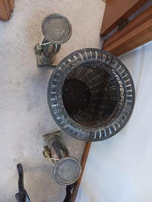 WICKER BASKET W/ METAL RIM (16X16) TWO CANDLE HOLDERS